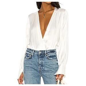 NWT Bardot Women's White Long Sleeve Plunging V-Neckline Bodysuit Size 10/L